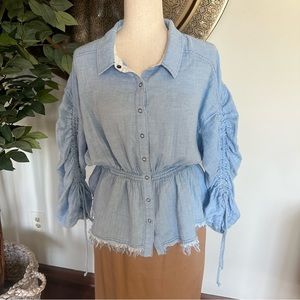 We the Free Women's Blue Herringbone Chambray Peplum Snap Down Blouse - Size XL